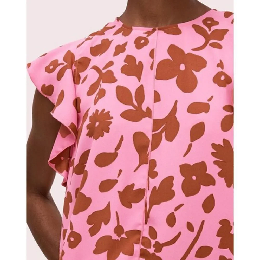 Kate Spade Splash Floral Crewneck Flutter Sleeve Keyhole Top Size Sm Pink Multi